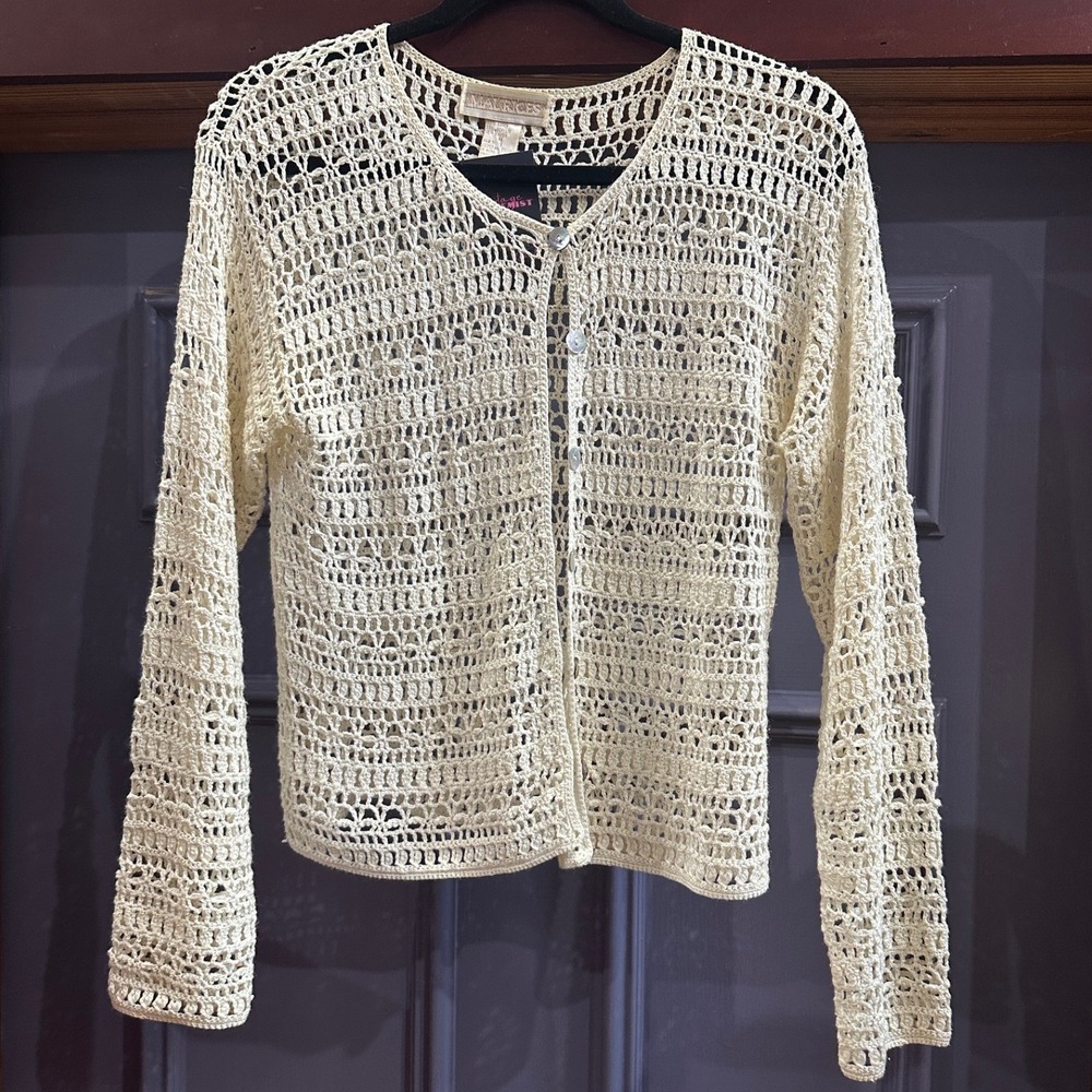 Vintage Boho Crochet Open Knit Cardigan Cream Shell Button Top Beacy Layers M